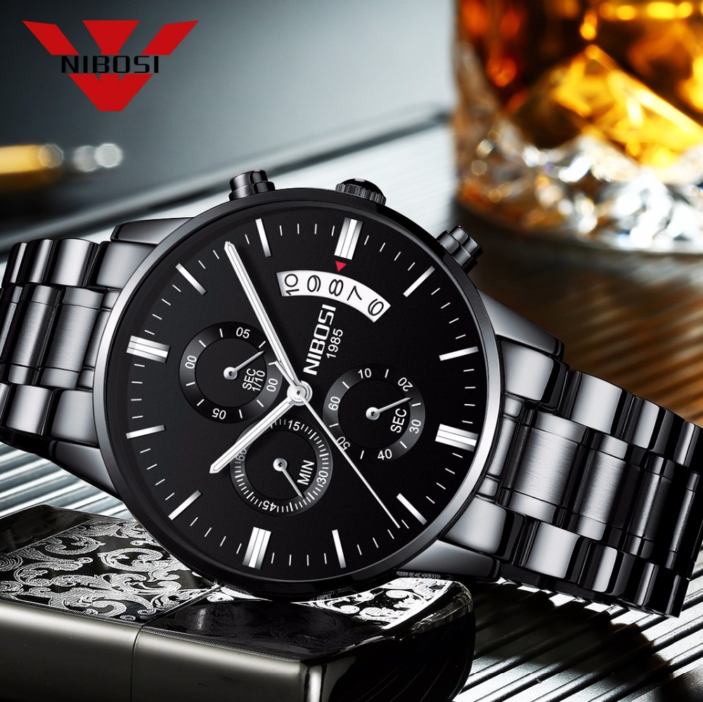 Luxury Watch Exhibition - NIBOSI الفولاذ المقاوم للصدأ الأسود ساعة